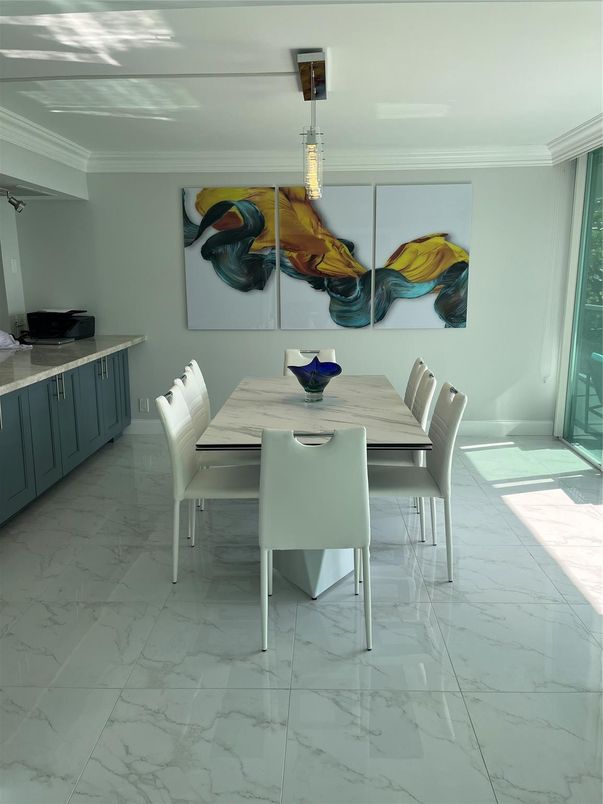 Dining room, Interior, Marble, Pendant Lights