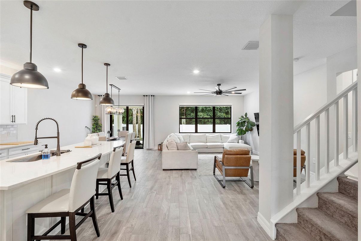 Dining room, Interior, Kitchen, Living room, Pendant Lights, Recessed Lighting, Wood Texture Flooring