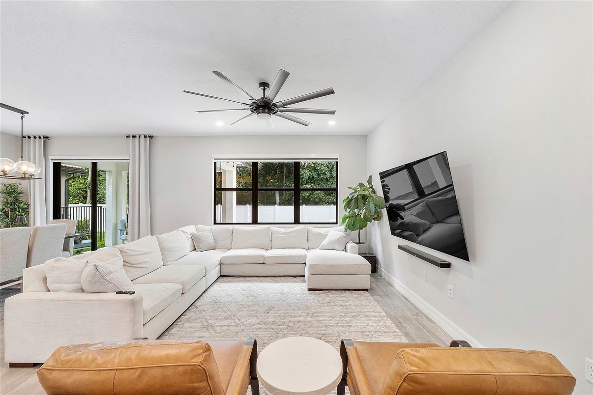 Dining room, Interior, Living room, Pendant Lights, Recessed Lighting, Wood Texture Flooring
