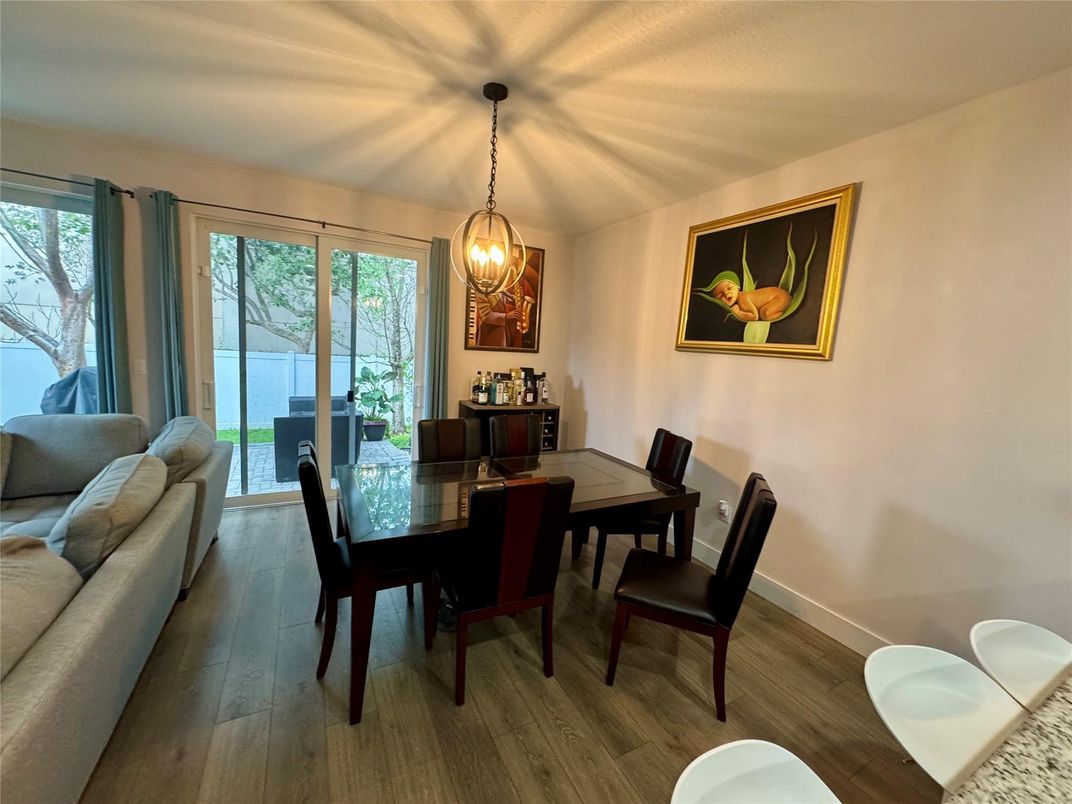 Dining room, Interior, Pendant Lights, Wood Texture Flooring