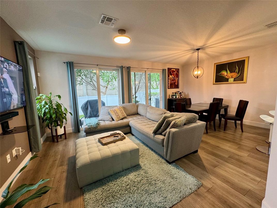 Dining room, Interior, Living room, Pendant Lights, Wood Texture Flooring