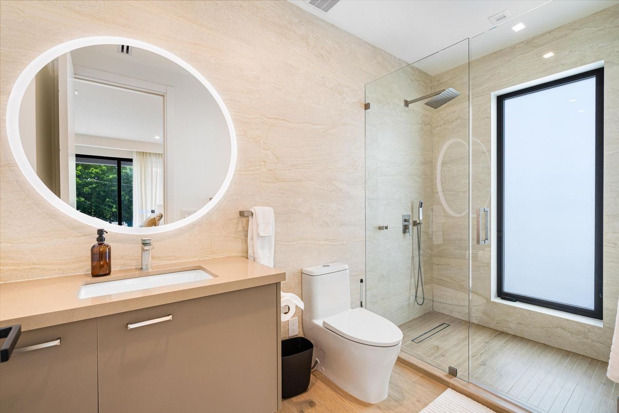 Bathroom, Glass Shower, Interior, Recessed Lighting, Wood Texture Flooring