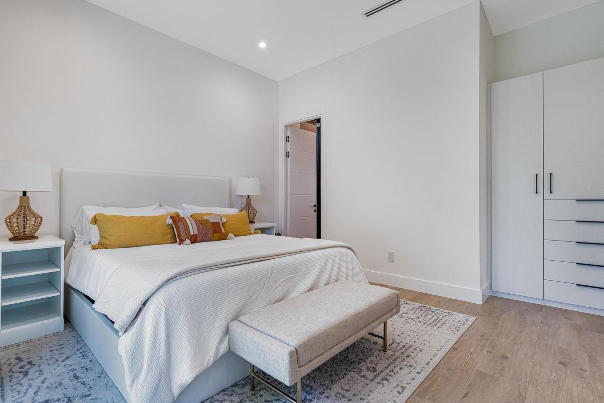 Bedroom, Interior, Recessed Lighting, Wood Texture Flooring