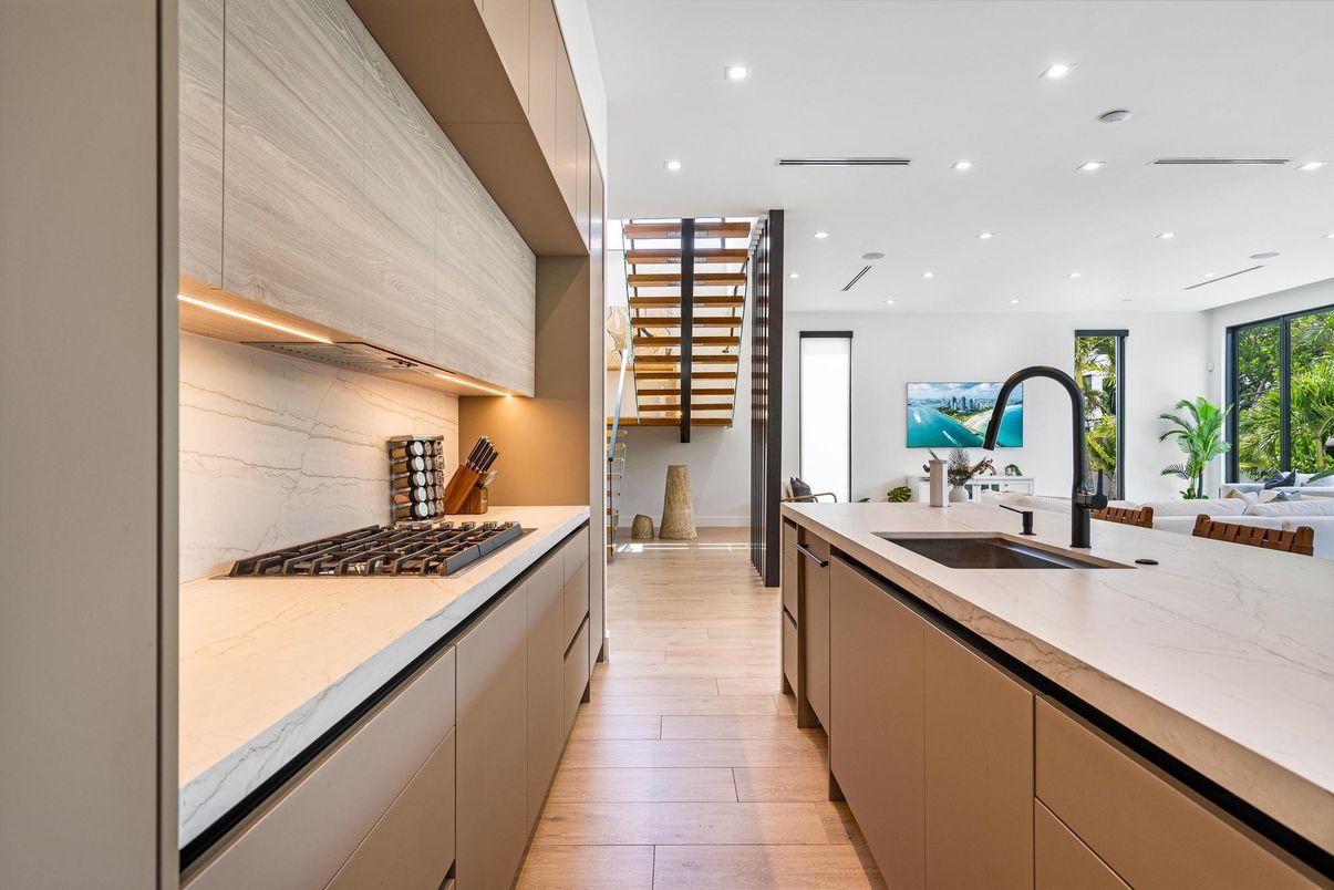 Interior, Kitchen, Marble Walls, Recessed Lighting, Wood Texture Flooring
