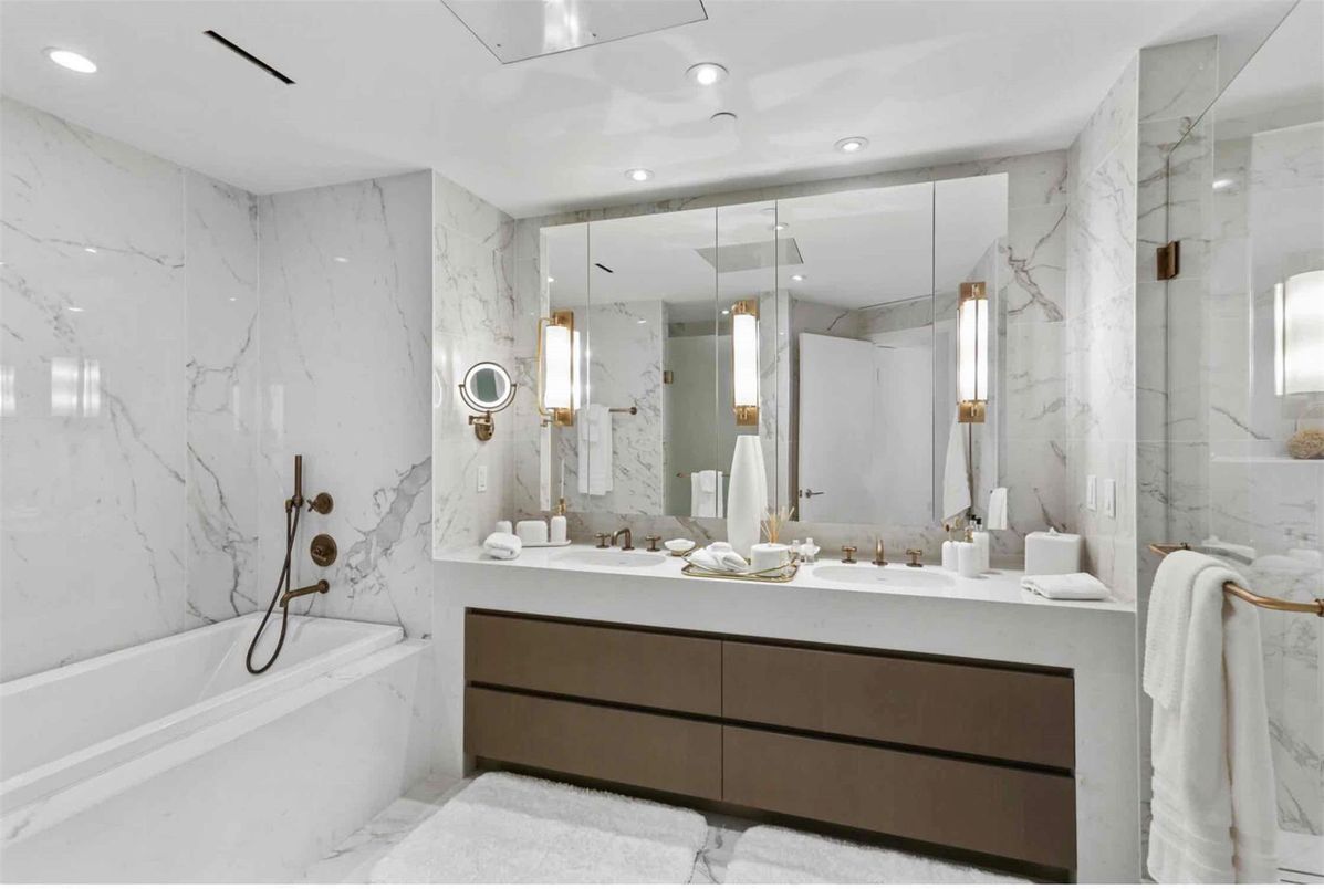 Bathroom, Dual Sink Vanities, Glass Shower, Interior, Marble Walls, Recessed Lighting