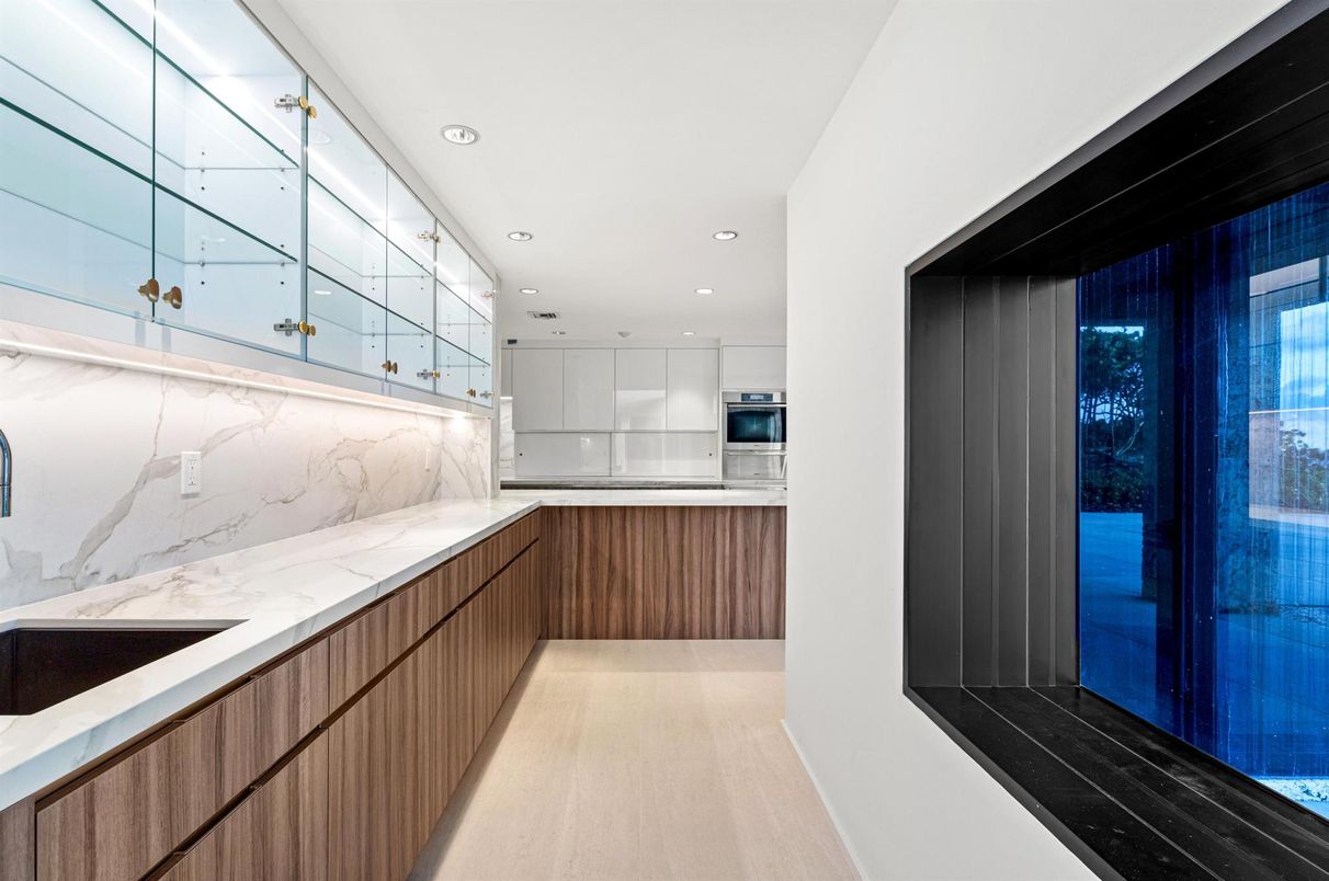 Interior, Kitchen, Marble Walls, Recessed Lighting, Wood Texture Flooring