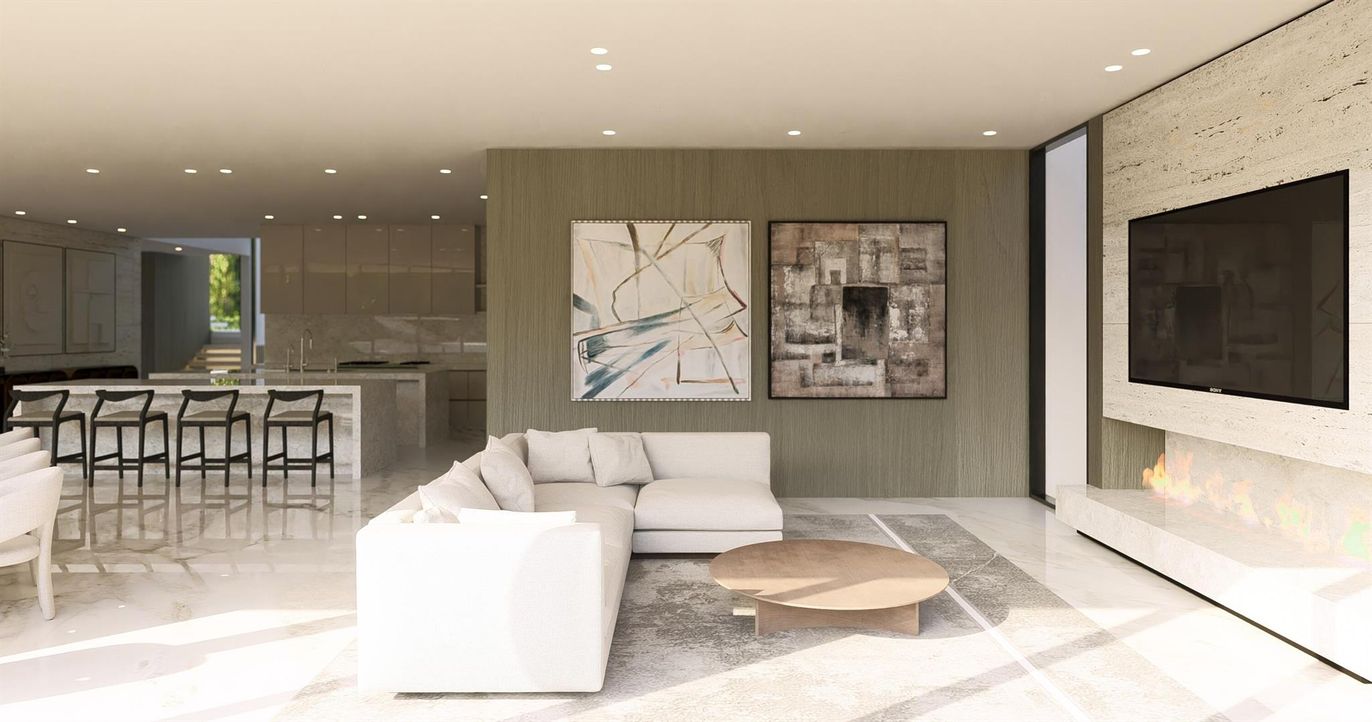 Fireplace, Interior, Kitchen, Living room, Recessed Lighting
