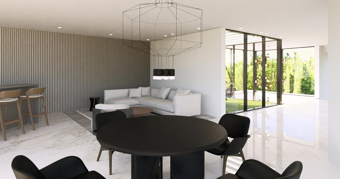 Dining room, Interior, Living room, Marble, Pendant Lights, Recessed Lighting