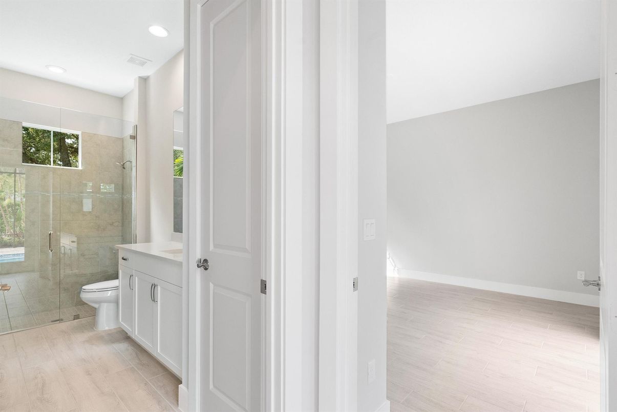 Bathroom, Glass Shower, Interior, Recessed Lighting, Wood Texture Flooring