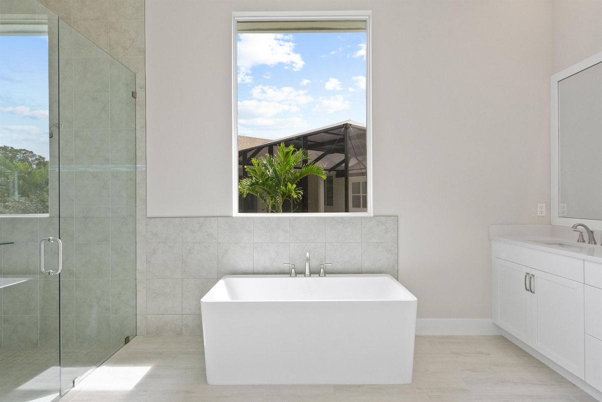 Bathroom, Free Standing Baths, Glass Shower, Interior, Wood Texture Flooring