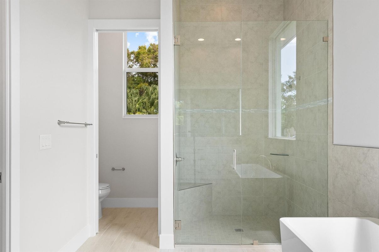 Bathroom, Glass Shower, Interior, Wood Texture Flooring