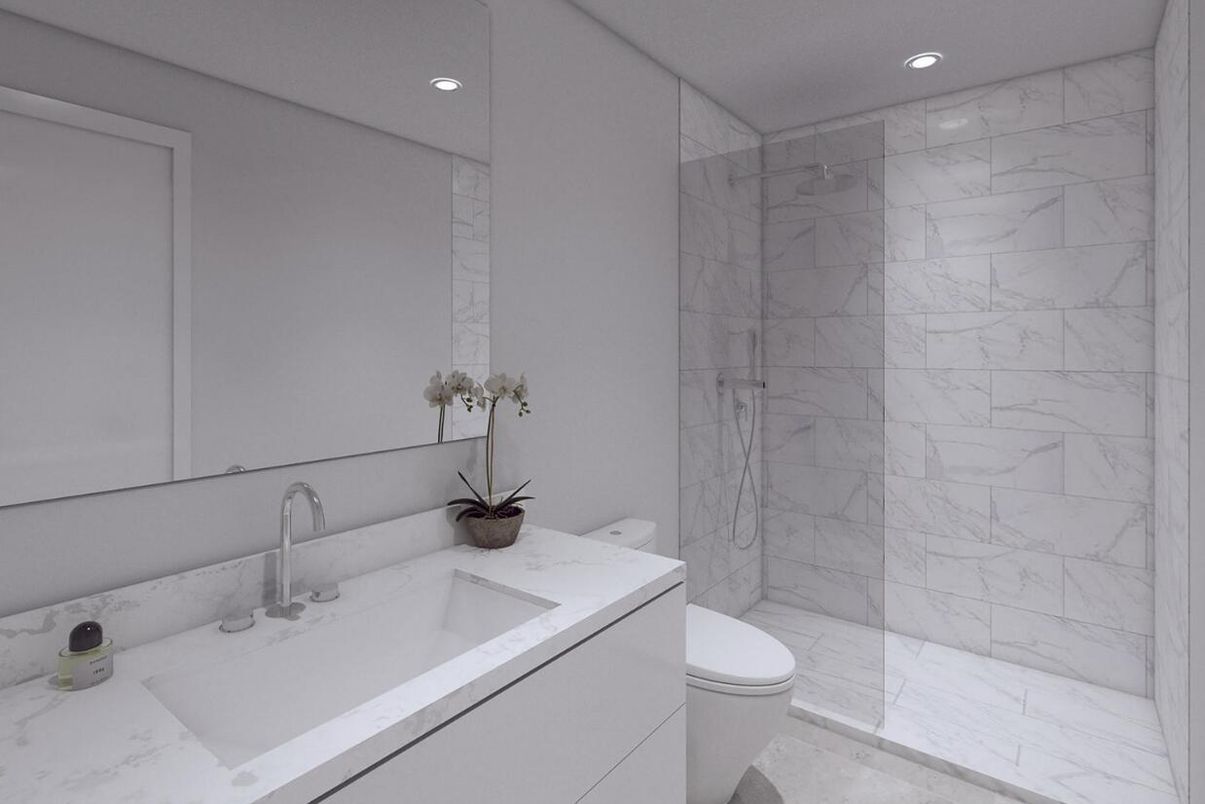Bathroom, Glass Shower, Interior, Marble Walls, Recessed Lighting
