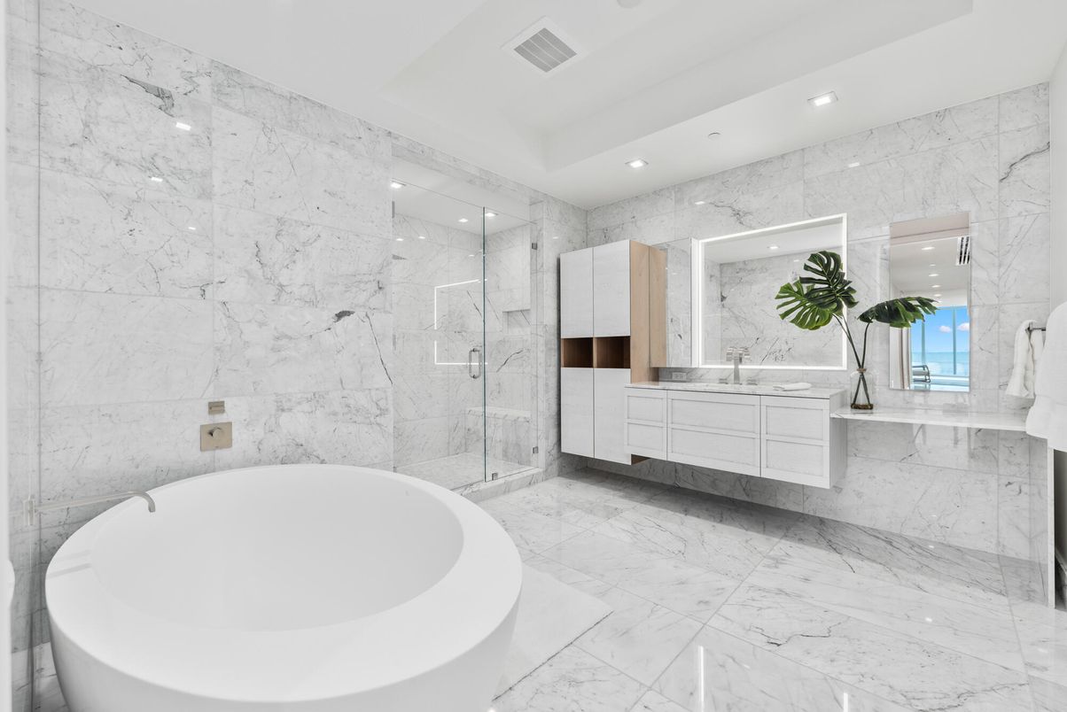Bathroom, Dual Sink Vanities, Free Standing Baths, Glass Shower, Interior, Marble, Marble Walls, Recessed Lighting
