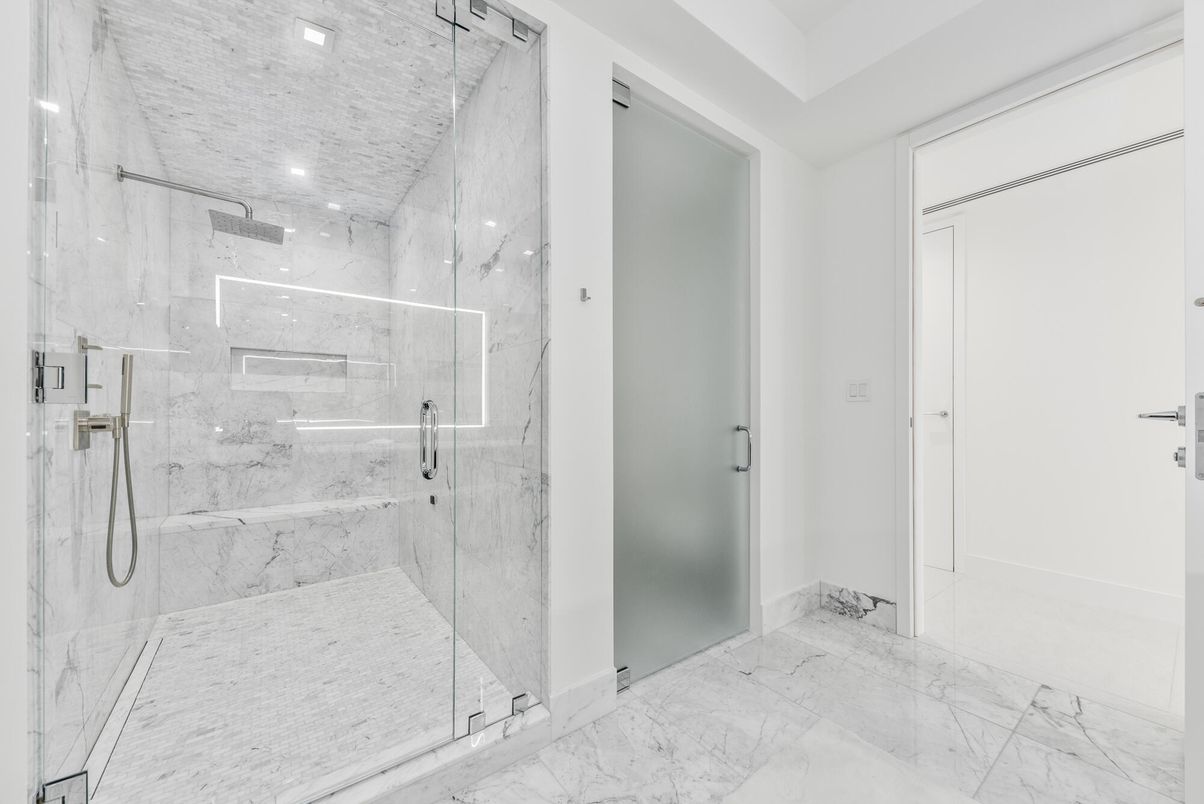 Bathroom, Glass Shower, Interior, Marble, Marble Walls, Recessed Lighting