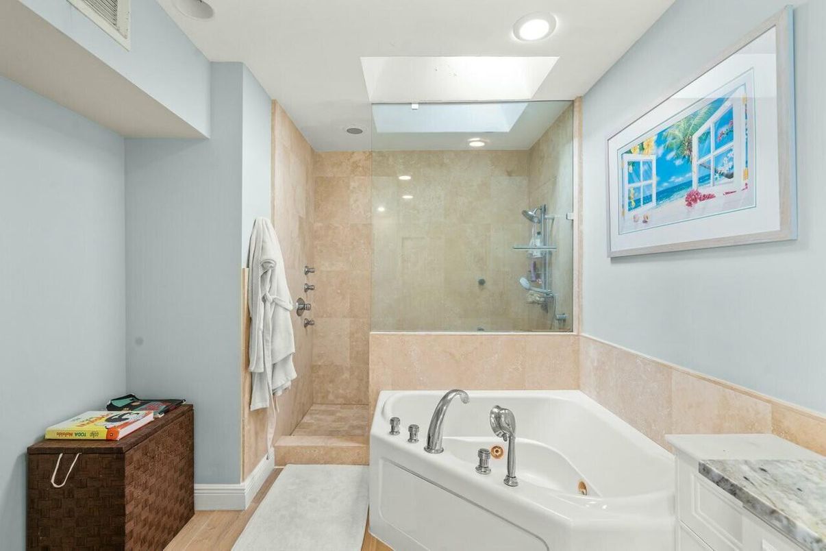 Bathroom, Glass Shower, Interior, Recessed Lighting, Wood Texture Flooring