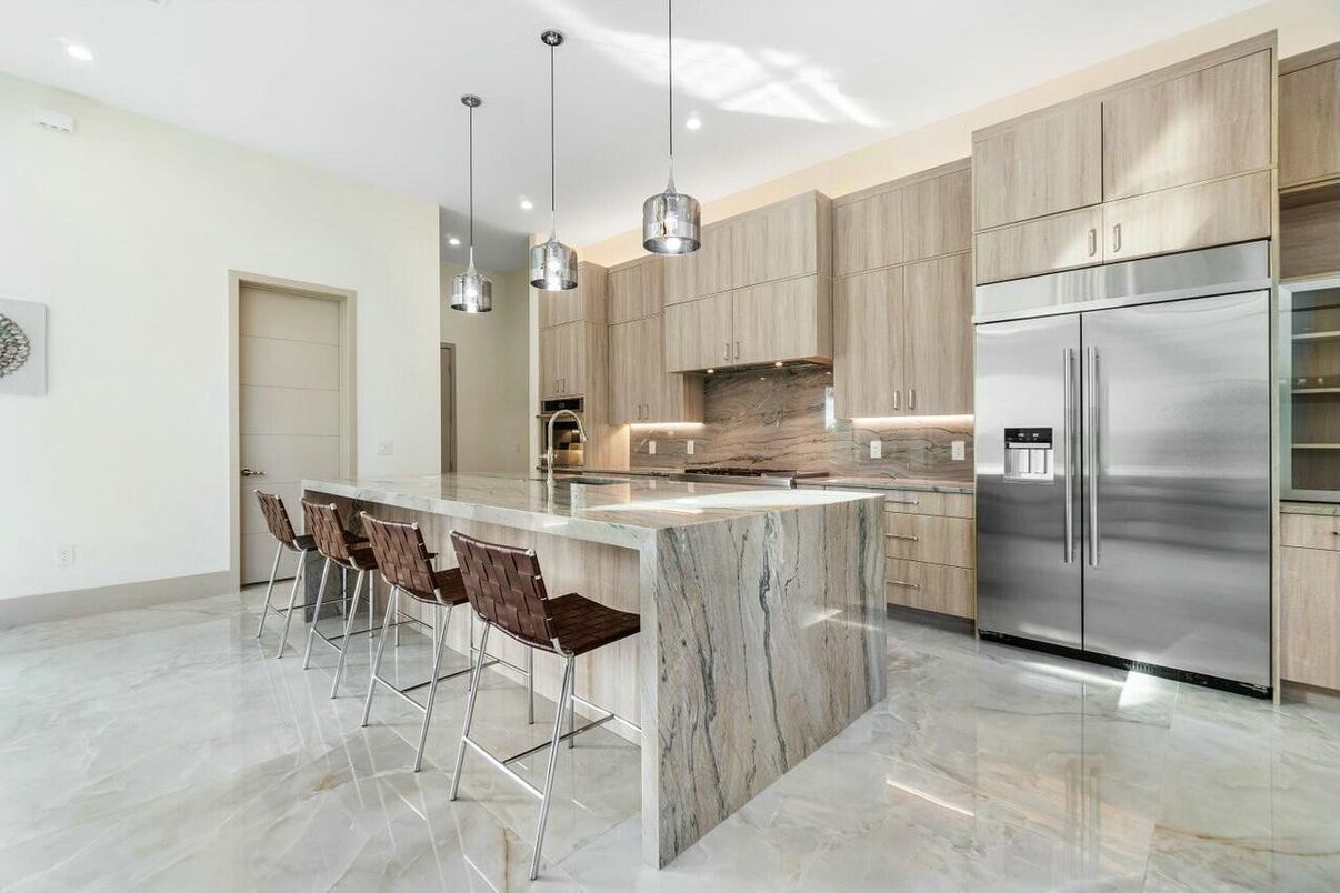 Interior, Kitchen, Marble, Pendant Lights, Recessed Lighting, Stainless Steel Appliances