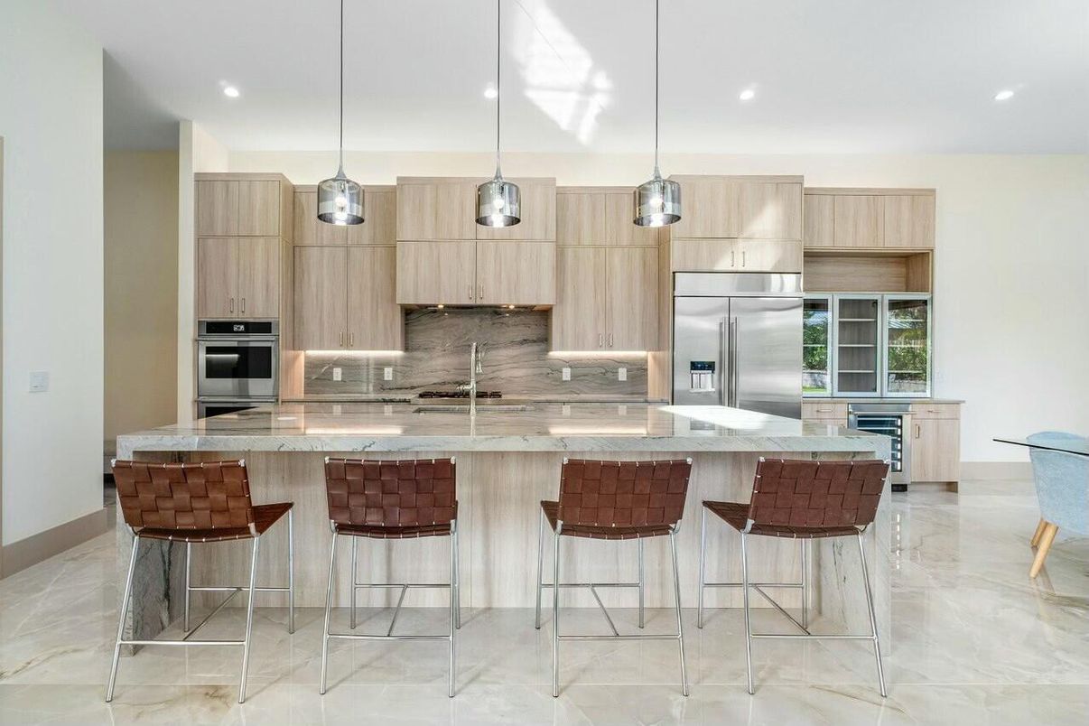 Interior, Kitchen, Marble, Pendant Lights, Recessed Lighting, Stainless Steel Appliances