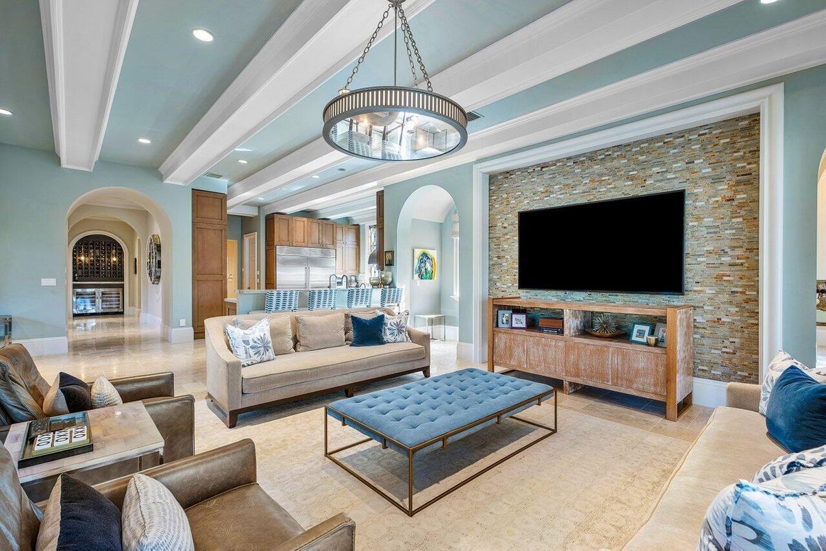 Interior, Kitchen, Living room, Pendant Lights, Recessed Lighting, Stainless Steel Appliances, Stone Walls