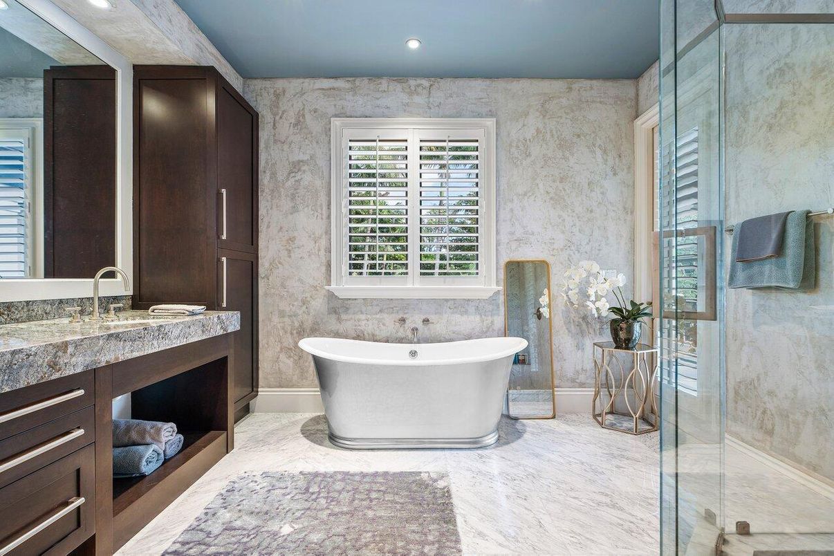 Bathroom, Free Standing Baths, Glass Shower, Interior, Marble, Recessed Lighting
