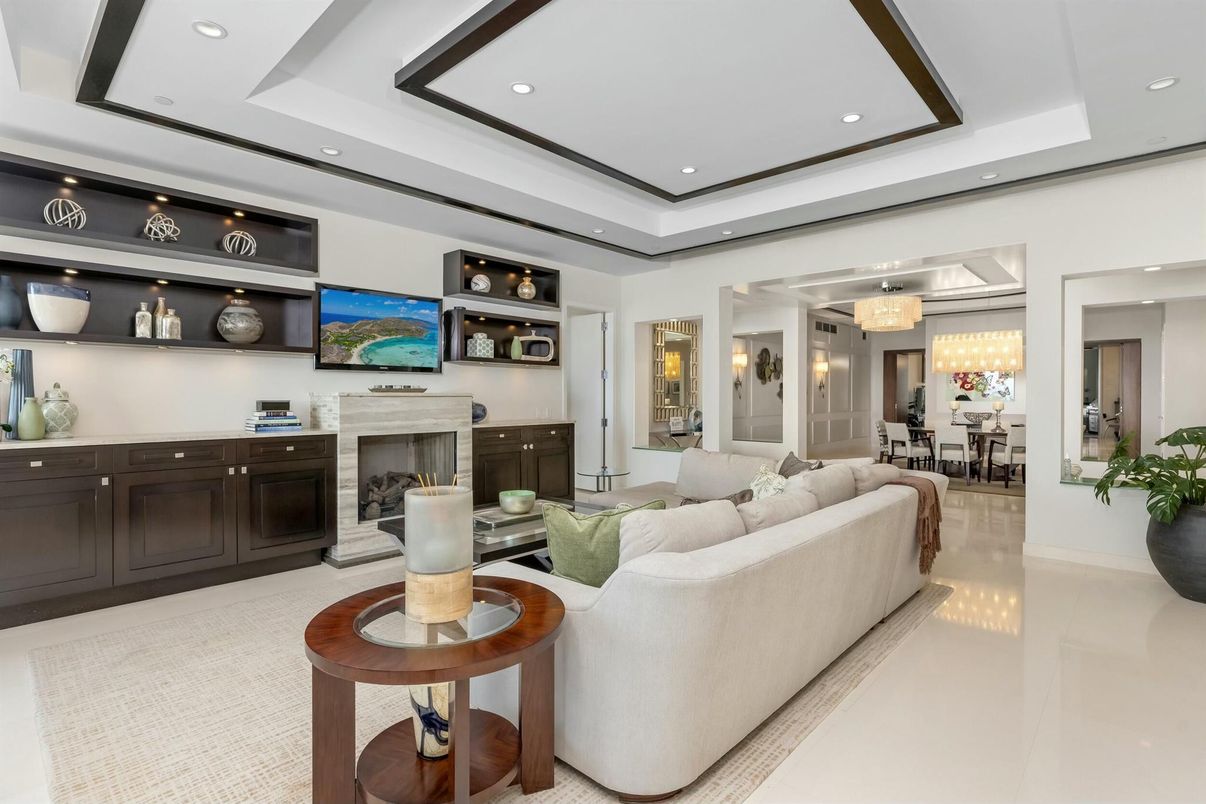 Chandelier, Dining room, Fireplace, Interior, Living room, Recessed Lighting