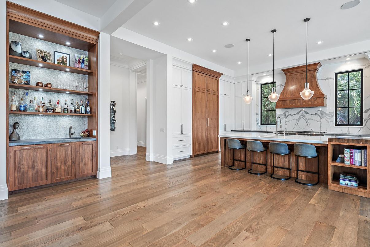 Interior, Marble Walls, Pendant Lights, Recessed Lighting, Wood Texture Flooring
