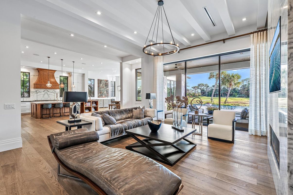 Interior, Kitchen, Living room, Marble Walls, Pendant Lights, Recessed Lighting, Wood Texture Flooring