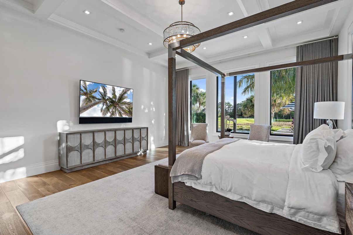 Bedroom, Interior, Pendant Lights, Recessed Lighting, Wood Texture Flooring