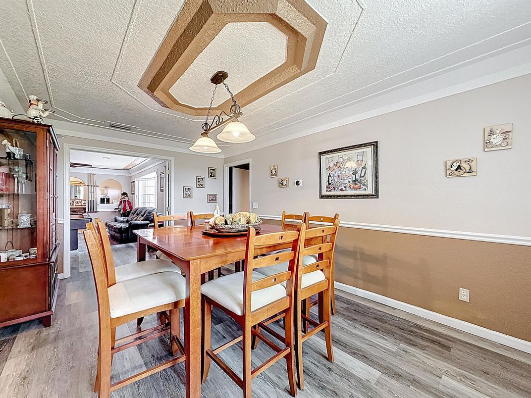 Dining room, Interior, Pendant Lights, Wood Texture Flooring
