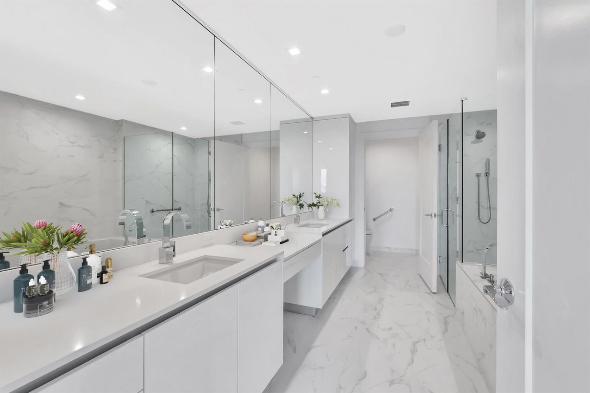 Bathroom, Dual Sink Vanities, Glass Shower, Interior, Marble, Marble Walls, Recessed Lighting
