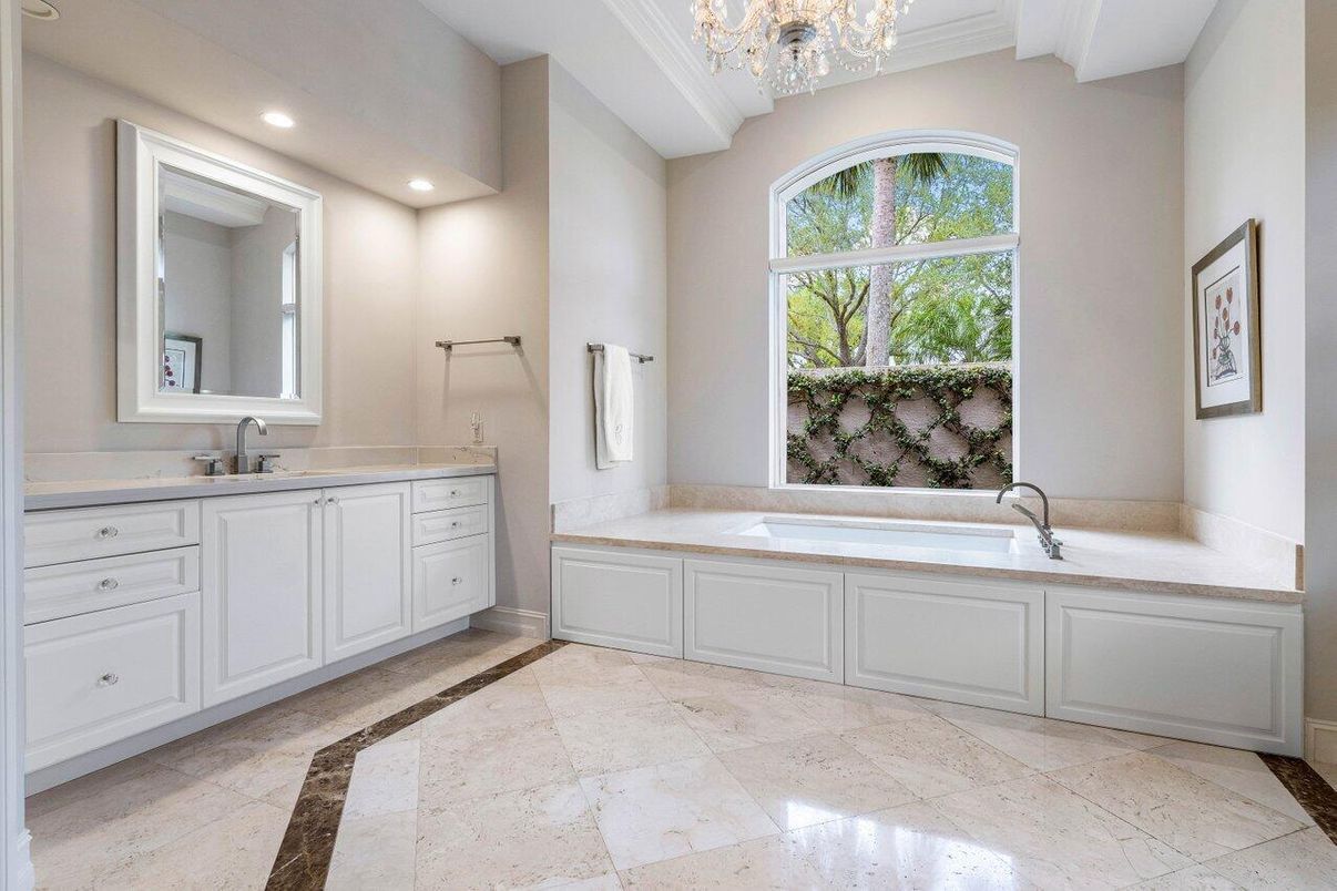 Bathroom, Chandelier, Dual Sink Vanities, Interior, Recessed Lighting