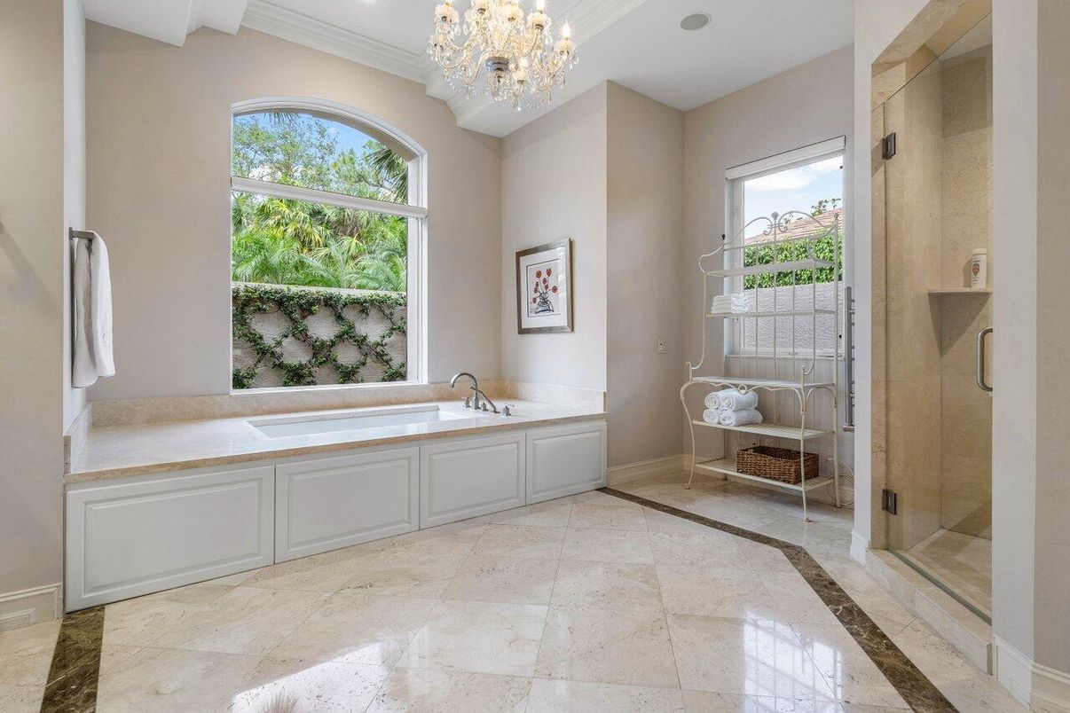 Bathroom, Chandelier, Glass Shower, Interior, Recessed Lighting