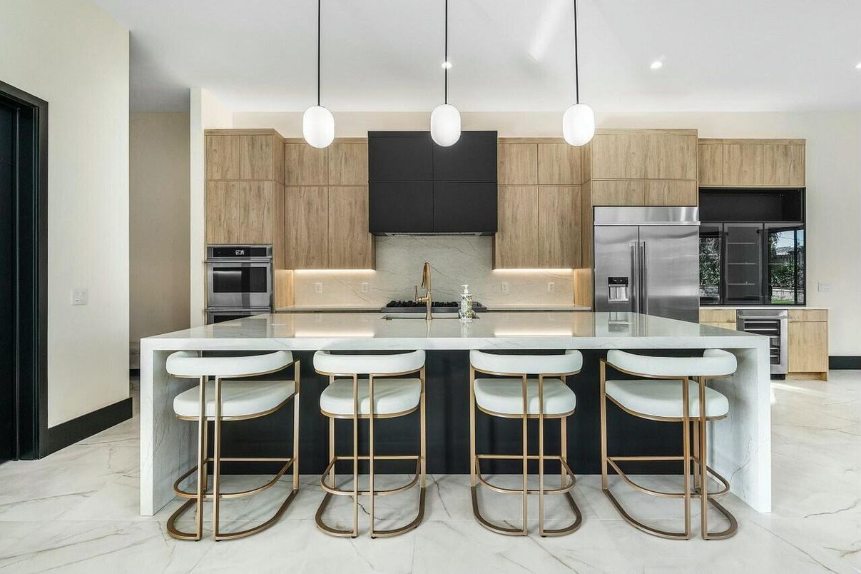 Interior, Kitchen, Marble, Pendant Lights, Recessed Lighting, Stainless Steel Appliances