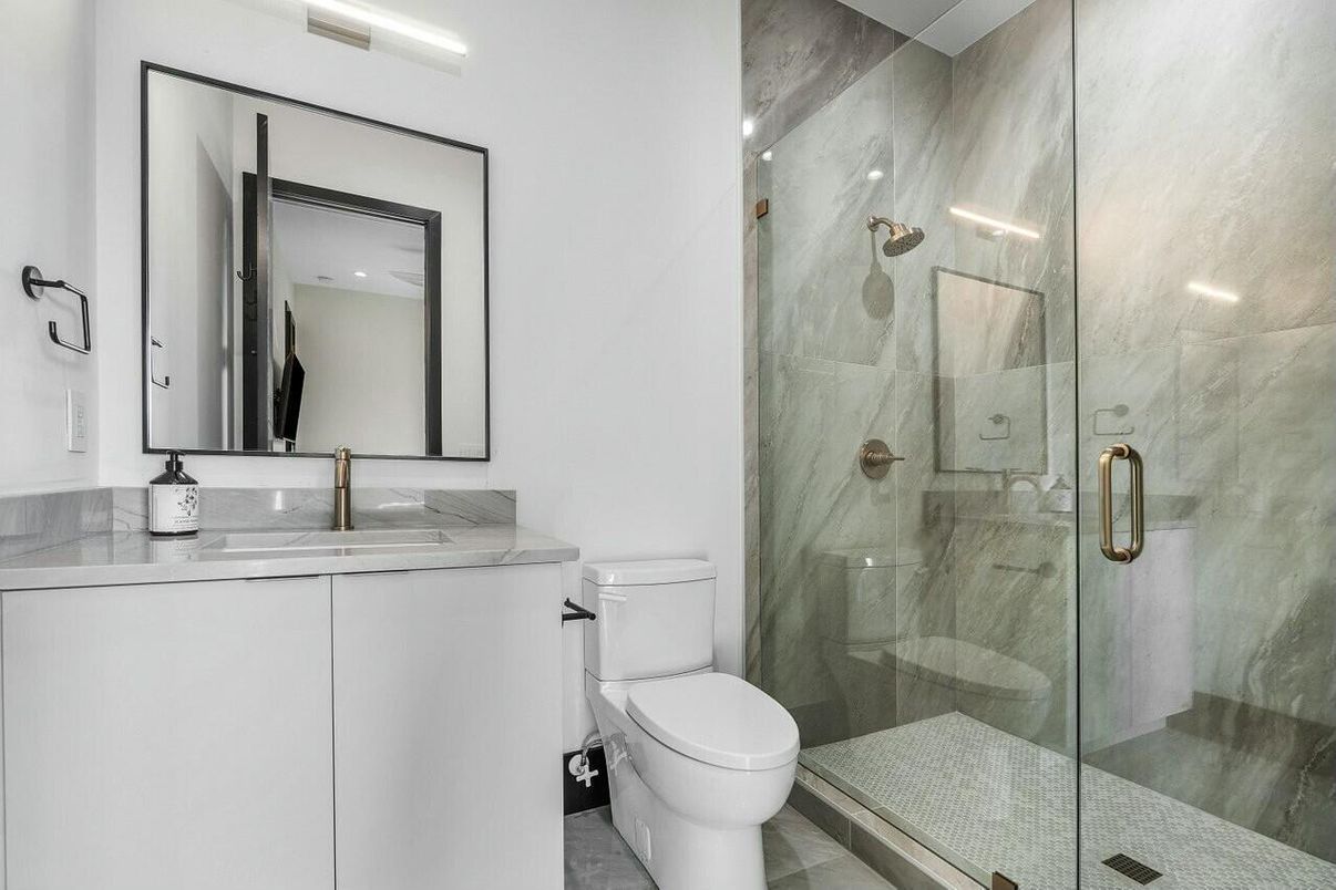 Bathroom, Glass Shower, Interior, Marble Walls, Recessed Lighting