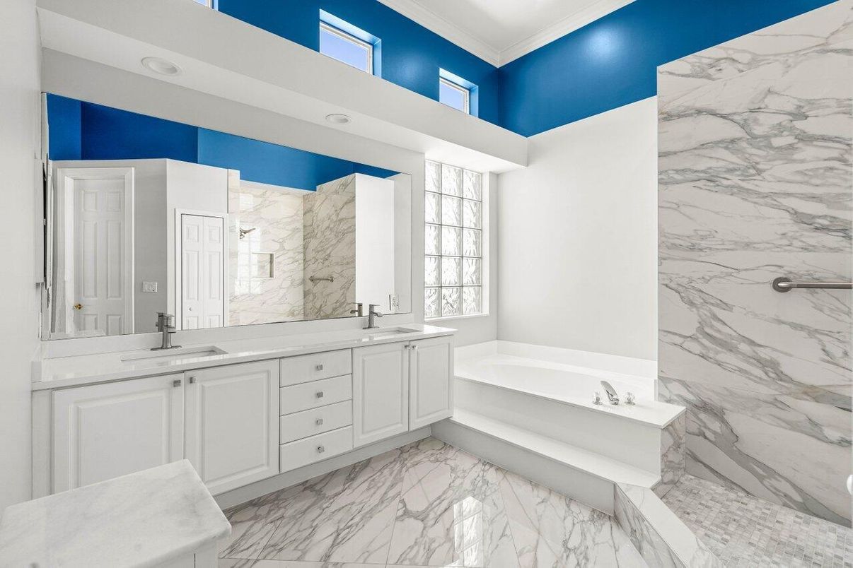 Bathroom, Dual Sink Vanities, Interior, Marble, Marble Walls, Recessed Lighting