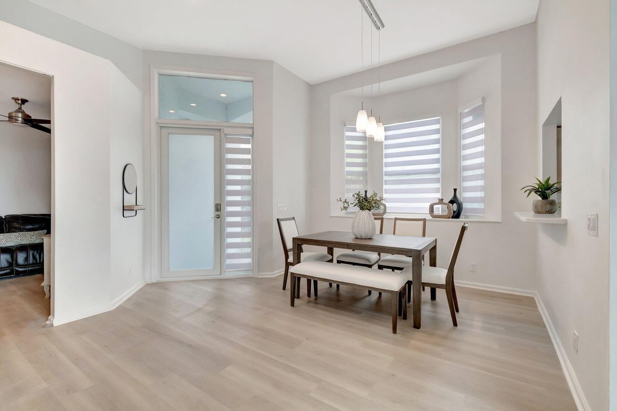 Dining room, Interior, Pendant Lights, Recessed Lighting, Wood Texture Flooring
