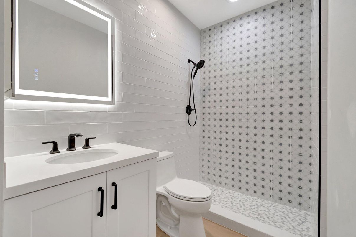 Bathroom, Interior, Recessed Lighting, Wood Texture Flooring