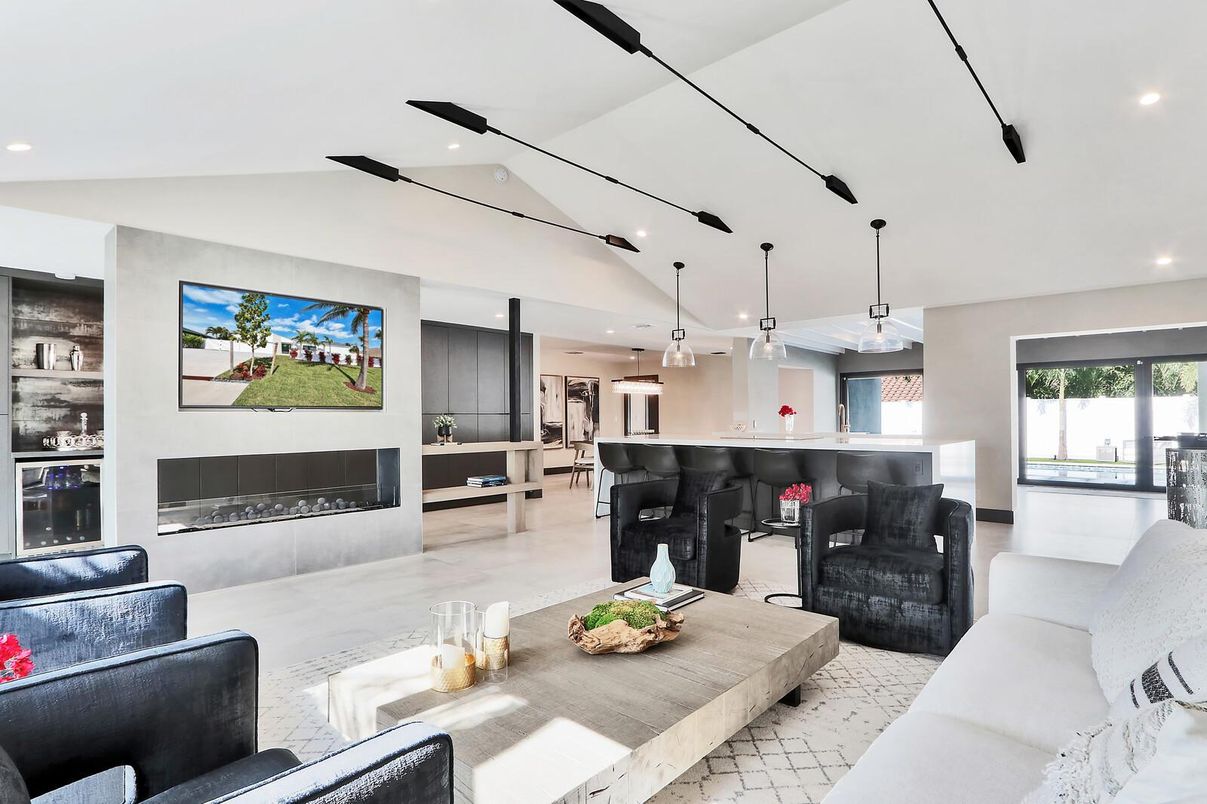 Dining room, Fireplace, Interior, Kitchen, Living room, Pendant Lights, Recessed Lighting