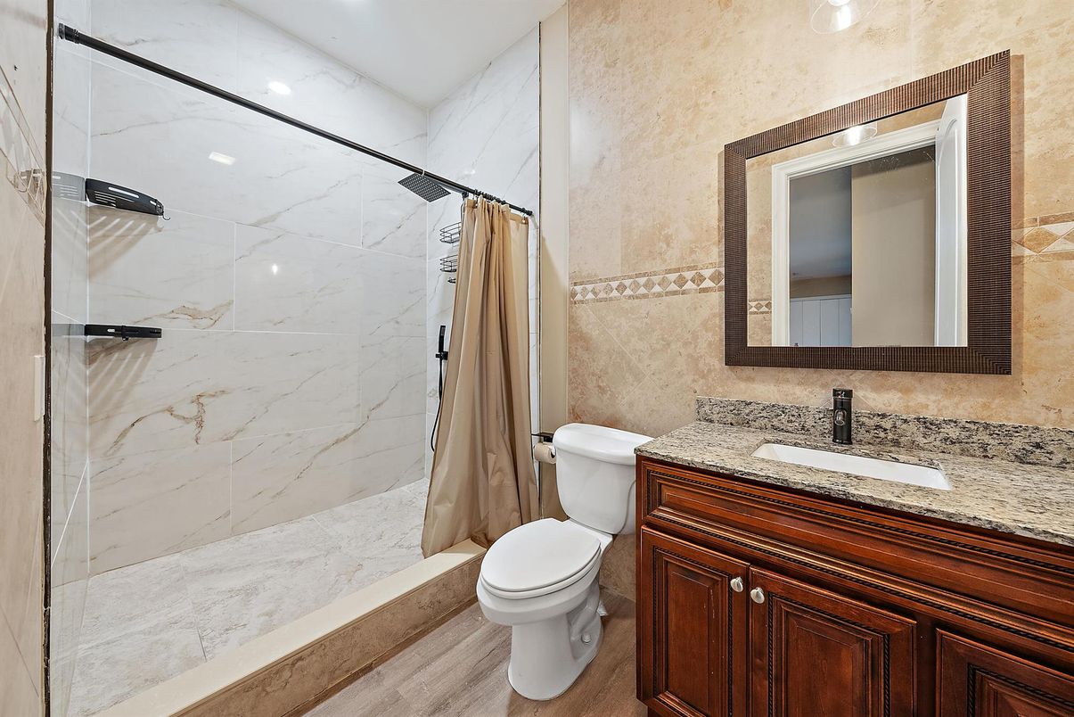 Bathroom, Interior, Marble Walls, Recessed Lighting, Wood Texture Flooring