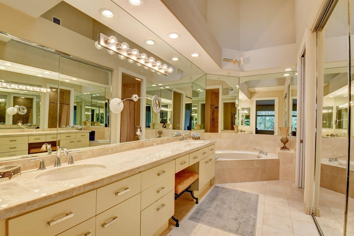 Bathroom, Dual Sink Vanities, Interior, Recessed Lighting, Tile Countertops