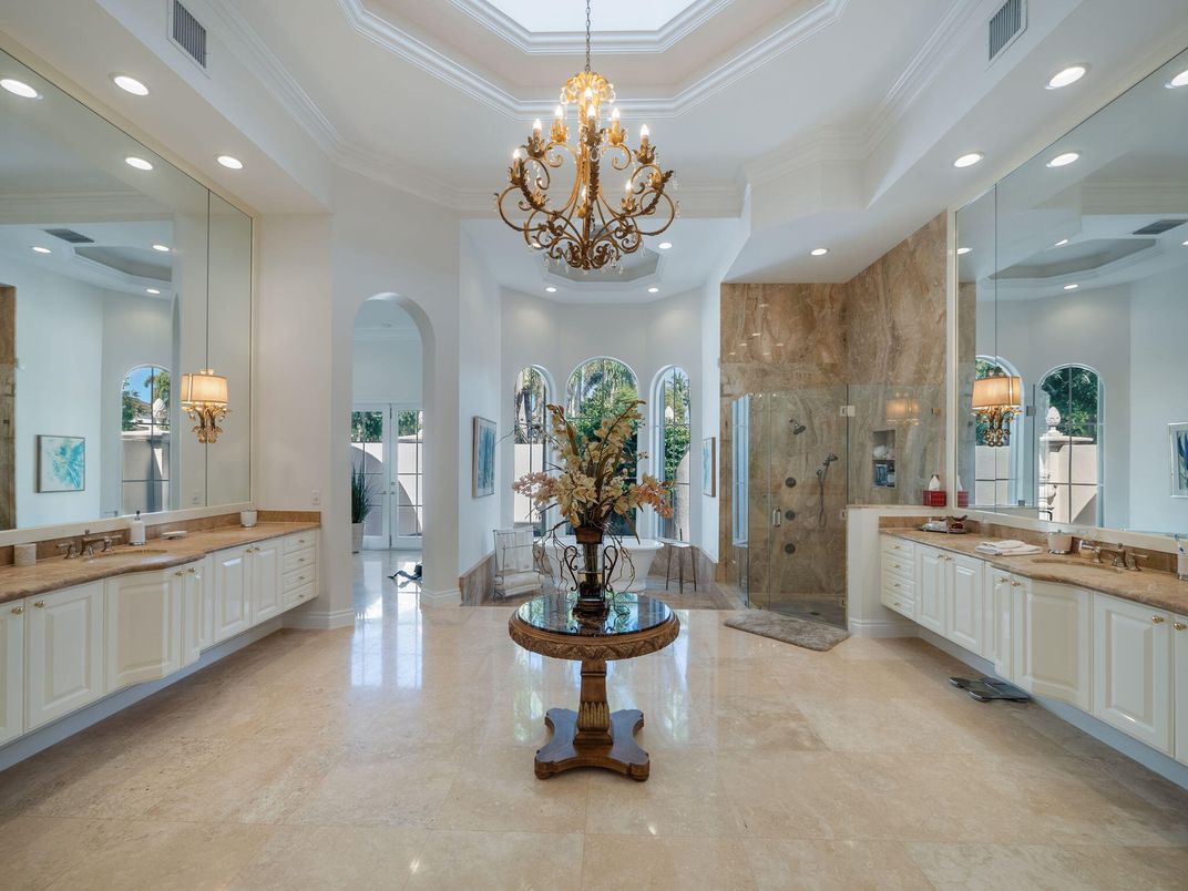 Bathroom, Chandelier, Dual Sink Vanities, Glass Shower, Interior, Pendant Lights, Recessed Lighting