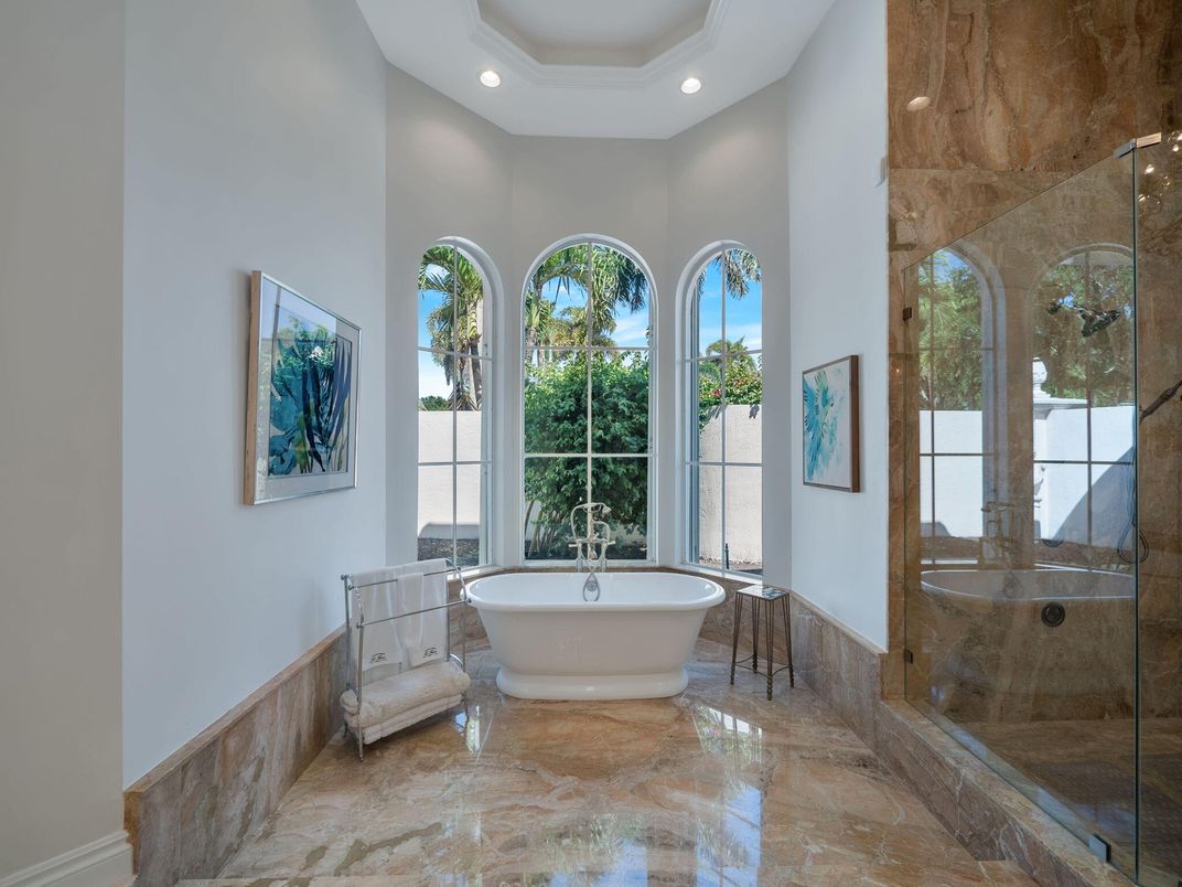 Bathroom, Free Standing Baths, Glass Shower, Interior, Recessed Lighting