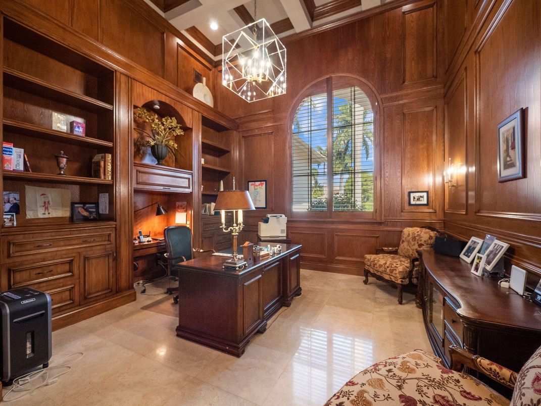 Chandelier, Home Office, Interior, Pendant Lights, Recessed Lighting, Wooden Beams, Wooden Walls