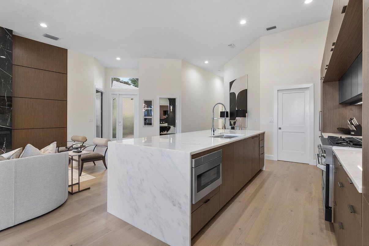 Interior, Kitchen, Living room, Recessed Lighting, Stainless Steel Appliances, Wood Texture Flooring