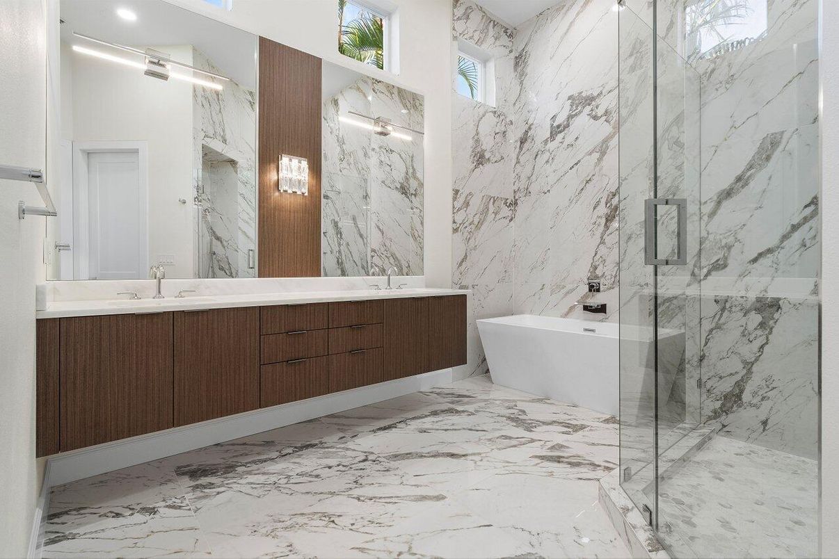 Bathroom, Dual Sink Vanities, Free Standing Baths, Glass Shower, Interior, Marble, Marble Walls, Recessed Lighting