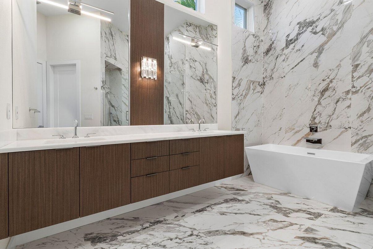 Bathroom, Dual Sink Vanities, Free Standing Baths, Interior, Marble, Marble Walls