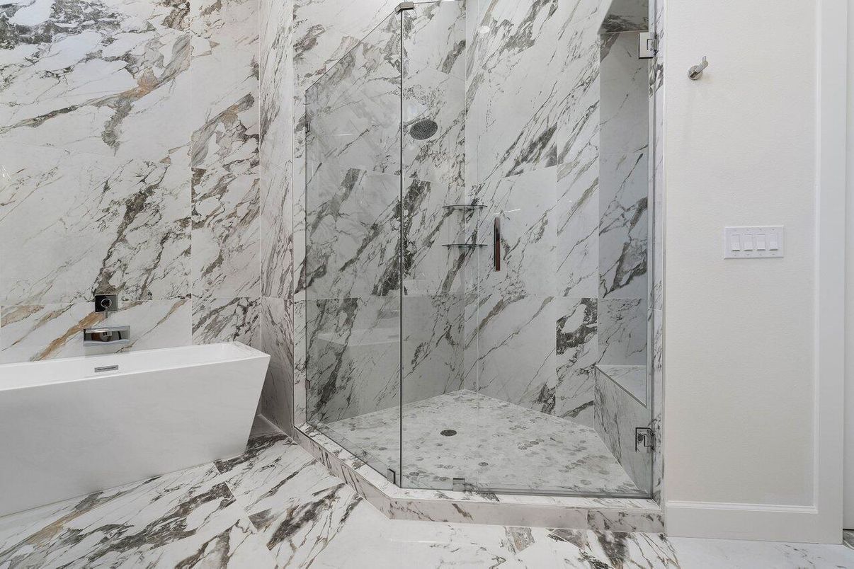 Bathroom, Free Standing Baths, Glass Shower, Interior, Marble, Marble Walls