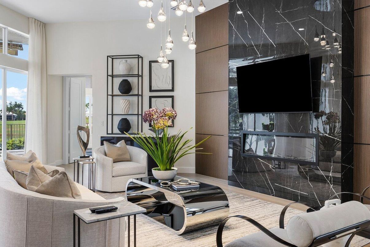 Fireplace, Interior, Living room, Marble Walls, Pendant Lights