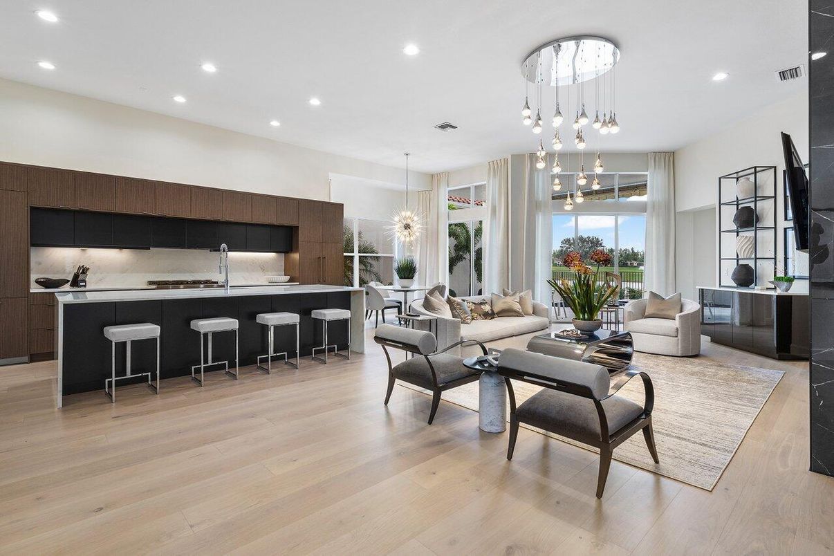 Dining room, Interior, Kitchen, Living room, Pendant Lights, Recessed Lighting, Stainless Steel Appliances, Wood Texture Flooring