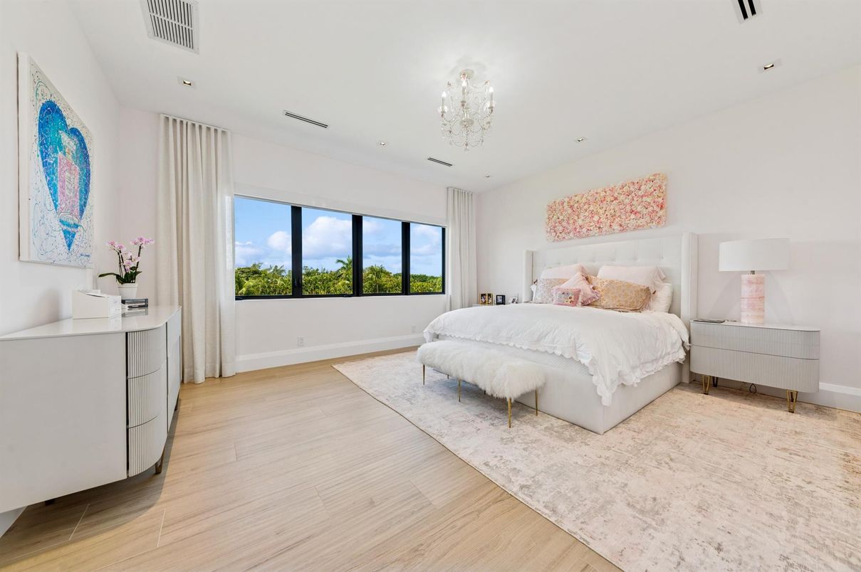 Bedroom, Chandelier, Interior, Recessed Lighting, Wood Texture Flooring