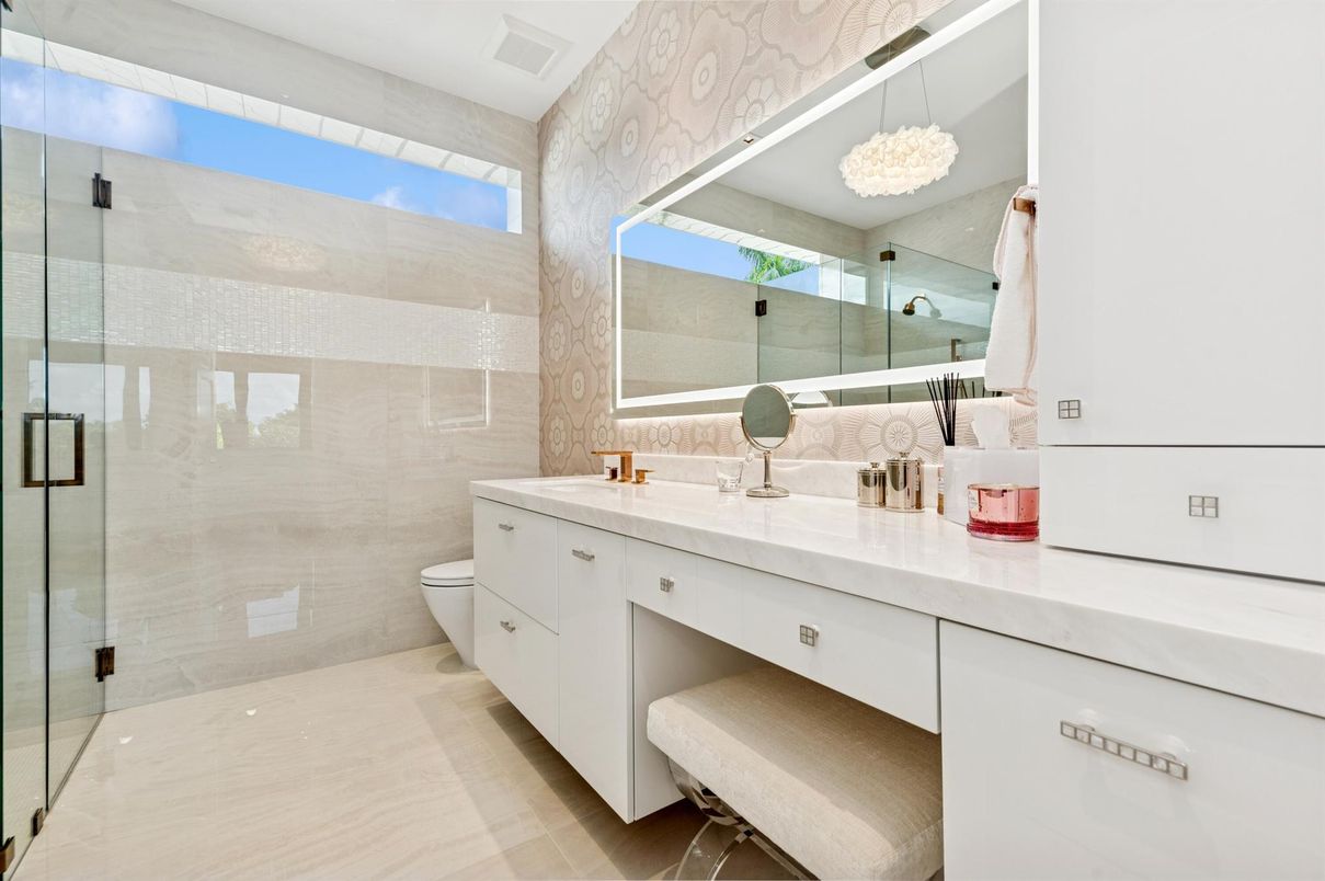 Bathroom, Chandelier, Glass Shower, Interior, Pendant Lights